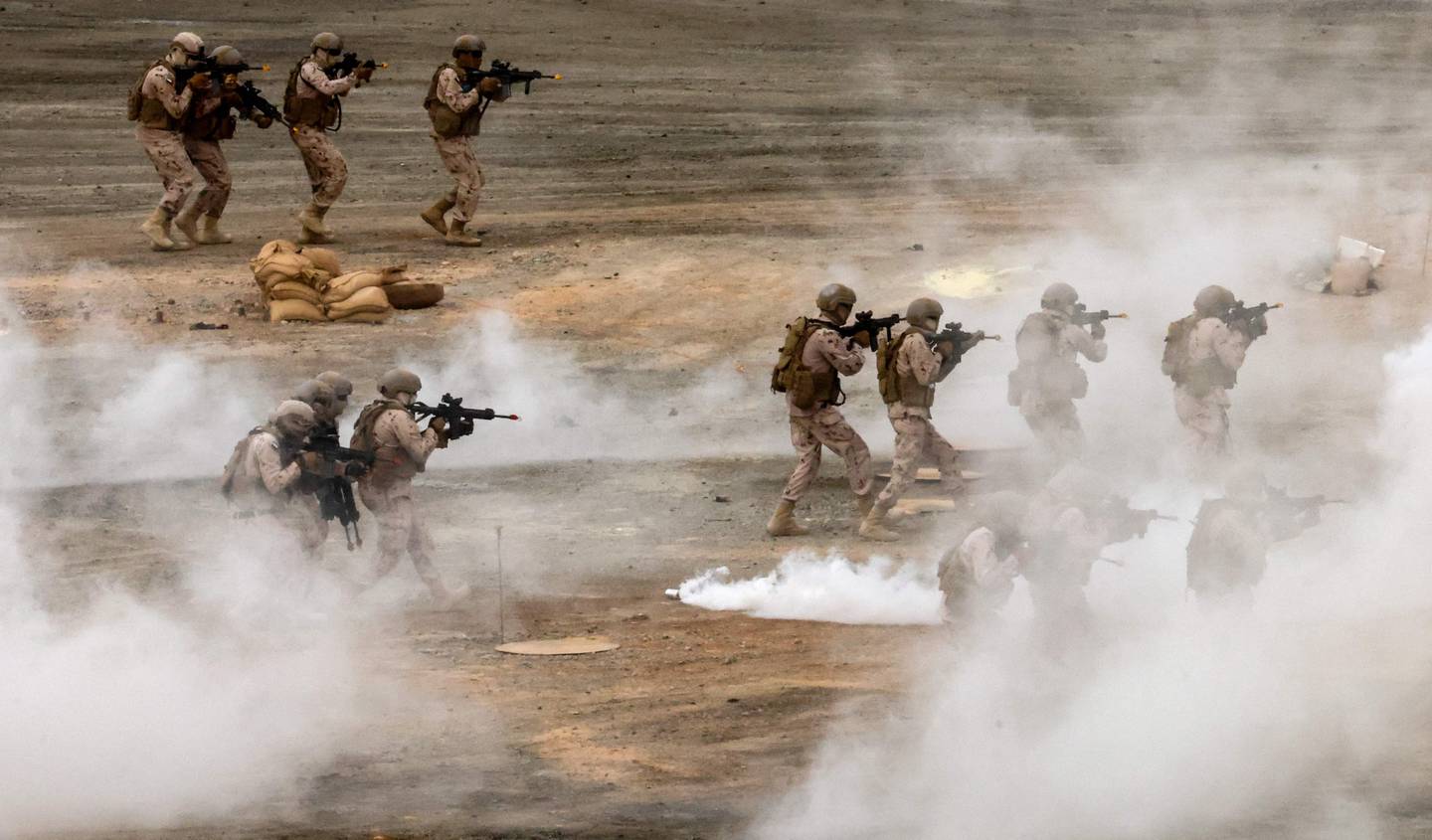 Emirati soldiers take part in a defence exercise for the public at Expo 2020 in March 2022. AFP