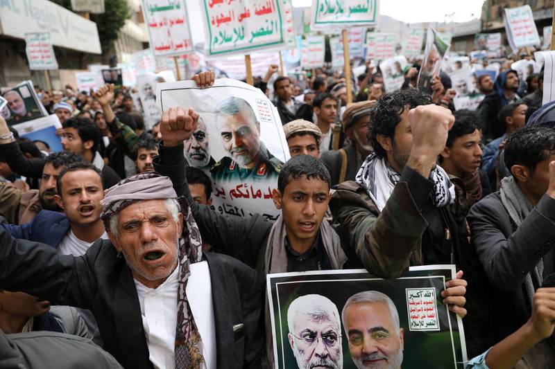 Supporters of the Houthis rally to denounce the US killing of Iranian military commander Qassem Suleimani and Iraqi militia commander Abu Mahdi Al Muhandis, in Sanaa, Yemen. Reuters