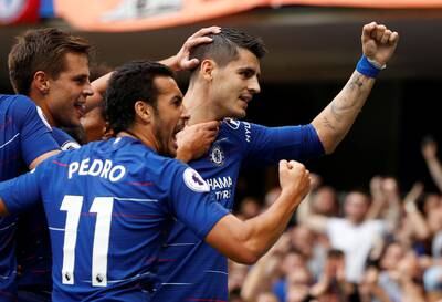 Soccer Football - Premier League - Chelsea v Arsenal - Stamford Bridge, London, Britain - August 18, 2018  Chelsea's Alvaro Morata celebrates scoring their second goal with teammates  Action Images via Reuters/John Sibley  EDITORIAL USE ONLY. No use with unauthorized audio, video, data, fixture lists, club/league logos or "live" services. Online in-match use limited to 75 images, no video emulation. No use in betting, games or single club/league/player publications.  Please contact your account representative for further details.