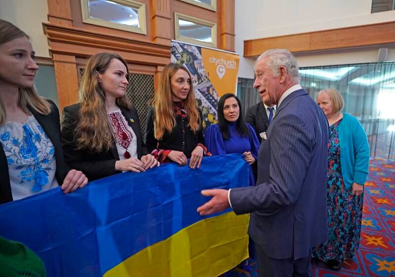 Prince Charles meets Ukrainians Luliia Wilson, Kateryna Zaichyk, Maryna Opanasenko and Alina Bilous to hear how organisations across Northern Ireland are supporting refugees. Getty Images