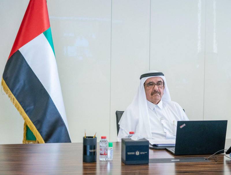 Sheikh Hamdan bin Rashid, Minister of Finance, attends a remote cabinet meeting on Sunday. Courtesy: Dubai Media Office