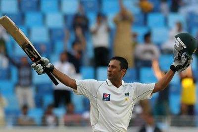 Pakistan's Younis Khan celebrates his hundred against England.
