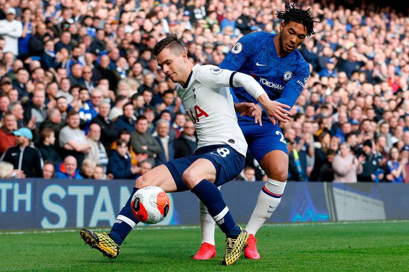 Chelsea's Reece James (R) tackles Tottenham Hotspur's Giovani Lo Celso. AFP