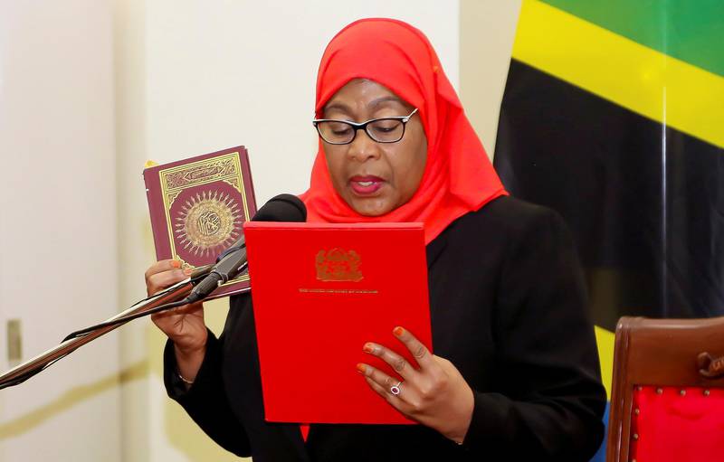 FILE PHOTO: Tanzania's new President Samia Suluhu Hassan takes oath of office following the death of her predecessor John Pombe Magufuli at State House in Dar es Salaam, Tanzania March 19, 2021. REUTERS/Stringer//File Photo