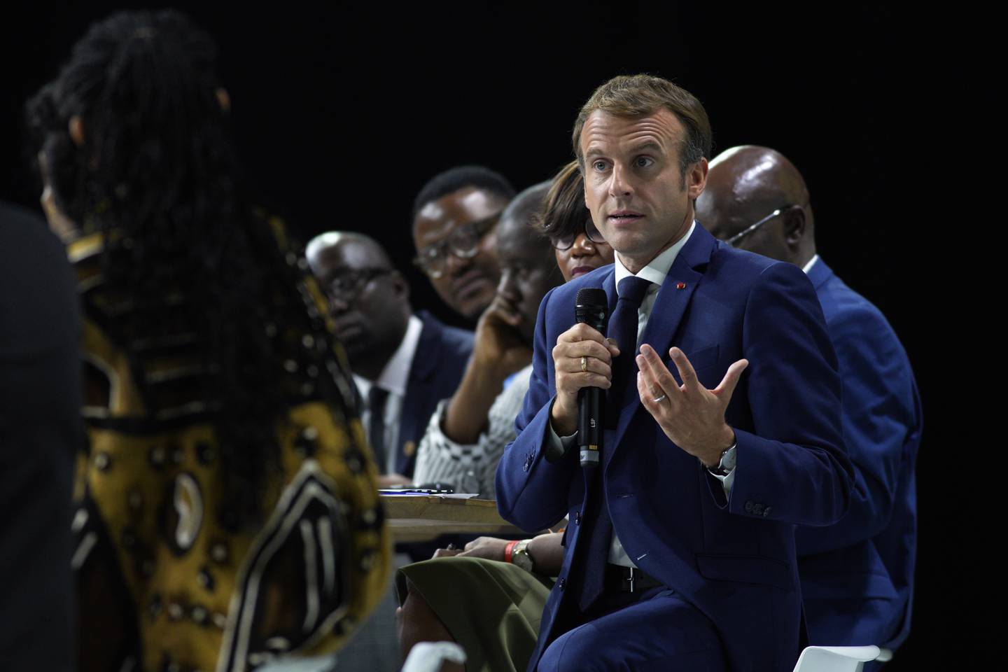 French President Emmanuel Macron attends the New Africa-France 2021 Summit, in Montpellier on Friday. Macron's statements about colonialism have been mixed. AP Photo