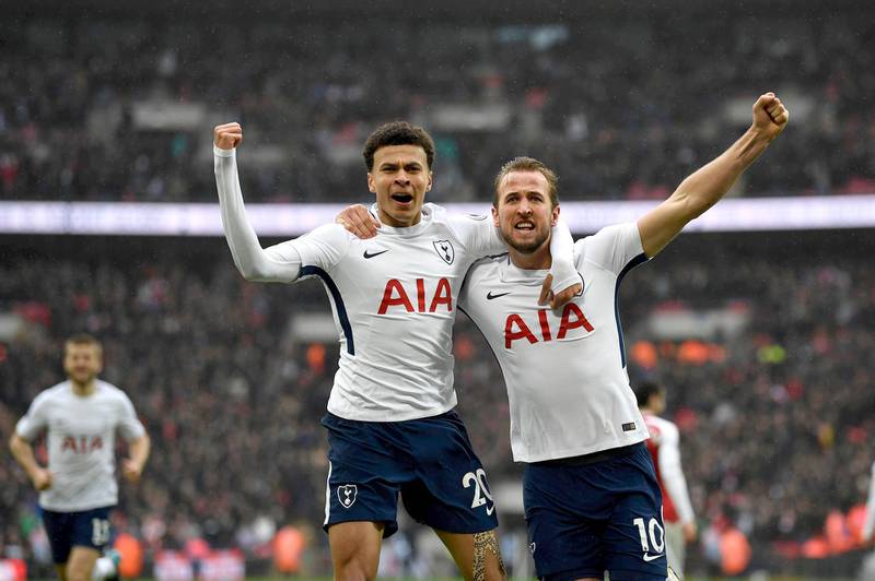epa06511408 Tottenham Hotspur's Harry Kane (R) celebrates scoring a goal with teammate Dele Alli (L) during the English Premier League soccer match between Tottenham Hotspur and Arsenal at Wembley Stadium, London, Britain, 10 February 2018.  EPA/NEIL HALL EDITORIAL USE ONLY. No use with unauthorized audio, video, data, fixture lists, club/league logos or 'live' services. Online in-match use limited to 75 images, no video emulation. No use in betting, games or single club/league/player publications.