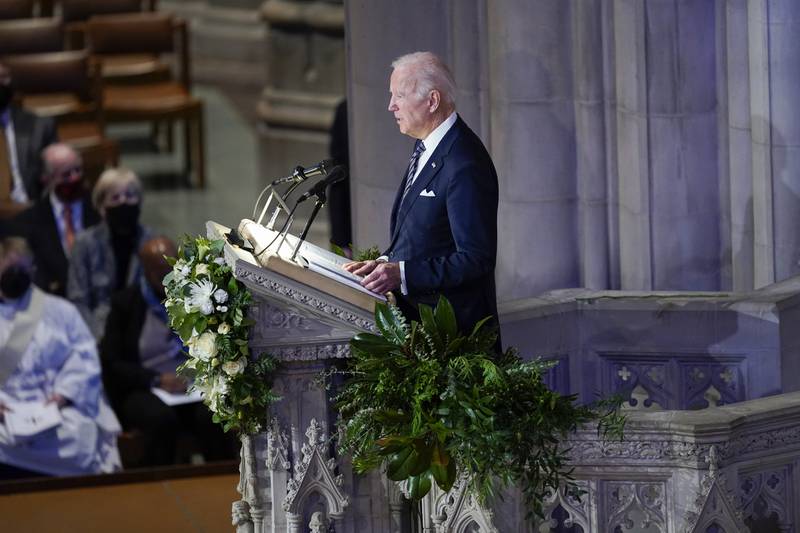US President Joe Biden speaks during the funeral service. AP