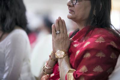 ABU DHABI, UNITED ARAB EMIRATES - April 20 2019.The Shilanyas Vidhi, The Foundationceremony of the first traditional Hindu Mandir in Abu Dhabi, UAE. The Vedic ceremony is performed in the holy presence of His Holiness Mahant Swami Maharaj, the spiritual leader of BAPS Swaminarayan Sanstha.(Photo by Reem Mohammed/The National)Reporter:Section: NA + BZ