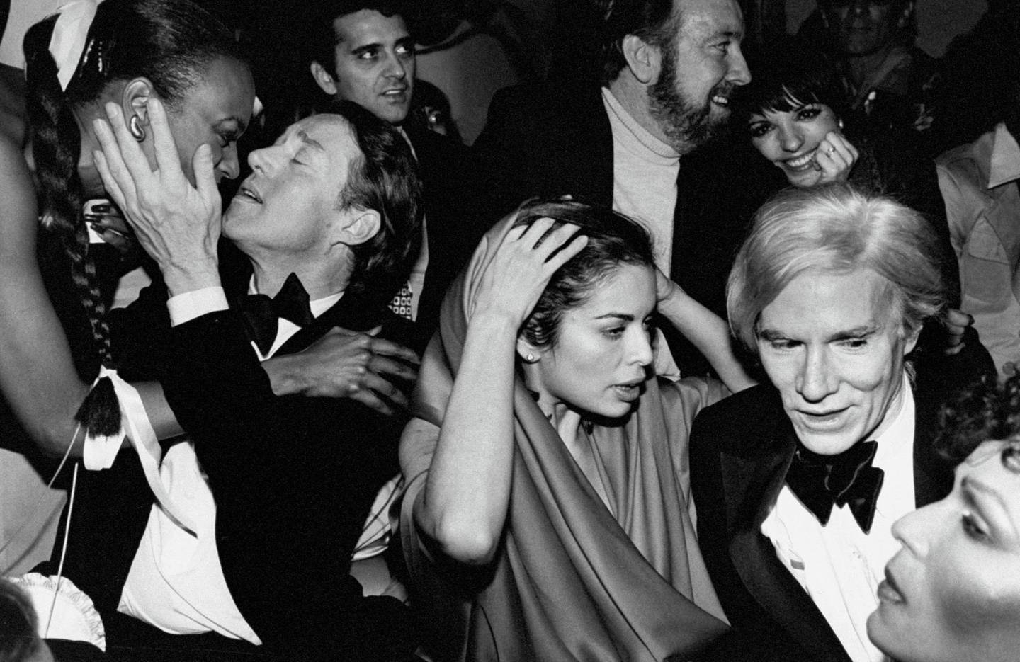 Celebrities during New Year's Eve party at Studio 54: (L-R) Halston, Bianca Jagger, Jack Haley, Jr. and wife Liza Minnelli and Andy Warhol.  (Photo by Robin Platzer/Twin Images/The LIFE Images Collection/Getty Images)