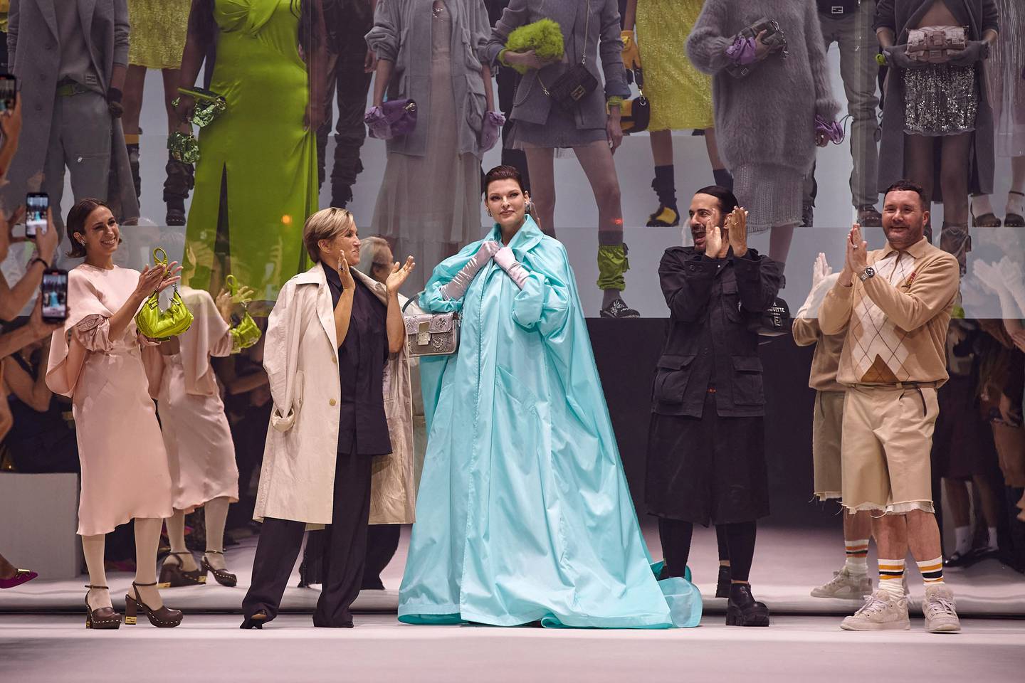 Canadian model Linda Evangelista (center) joined Fendi's designers at New York Fashion Week on Friday.AFP