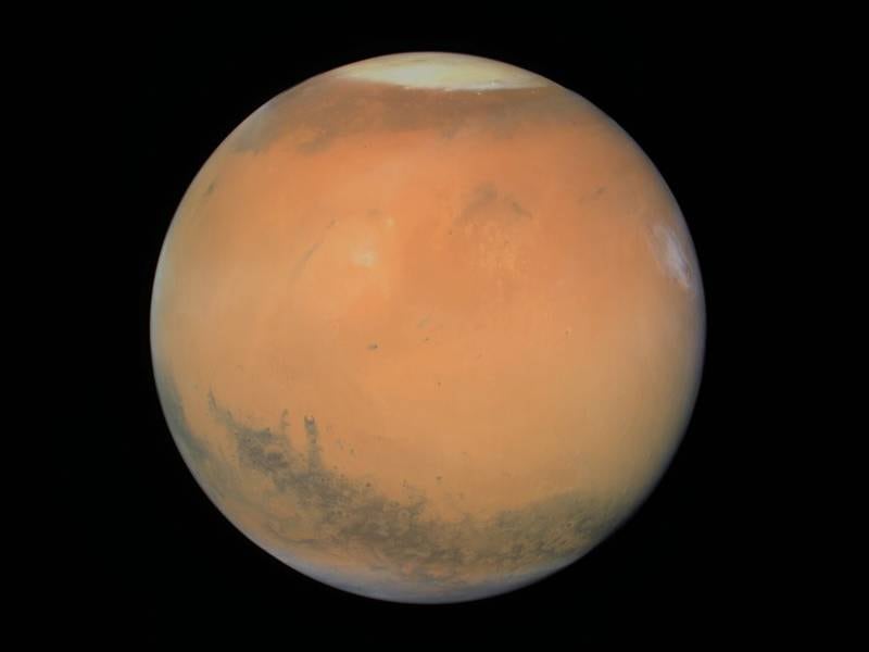 An image of Mars taken by the UAE's Hope probe and edited by Twitter user @SzabBen004. Enthusiasts have been processing their own images of the red planet using high-resolution output from the Emirates Exploration Imager system. Photo: @SzabBen004