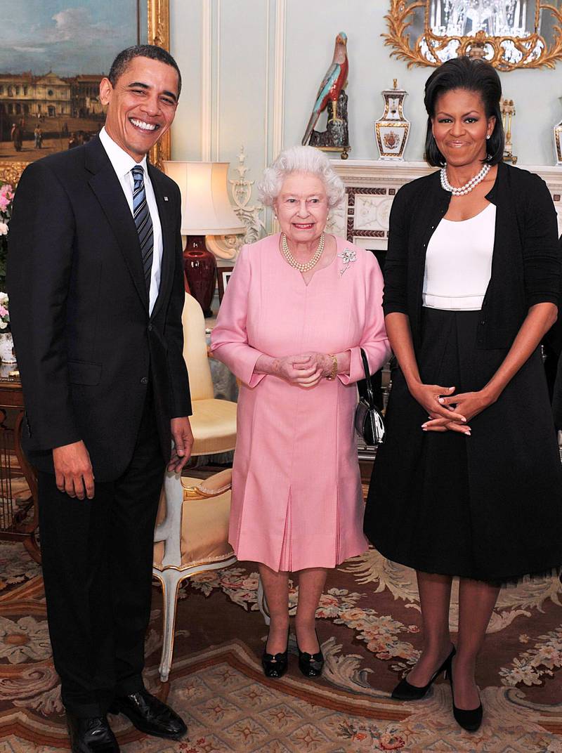 LONDON APRIL 1:  US President Barack Obama and his wife Michelle Obama pose for photographs with Queen Elizabeth II during an audience at Buckingham Palace on April 1, 2009 in London, England.  (Photo by John Stillwell - WPA Pool/Getty Images)