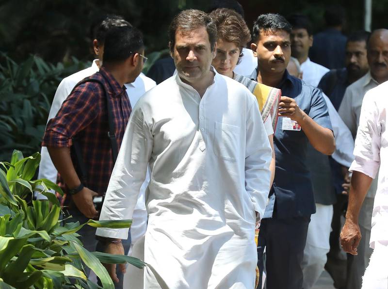 epa07691683 Indian National Congress Party President Rahul Gandhi (L) and Indian National Congress party member Priyanka Gandhi (C, back), the Congress general secretary and in charge of eastern Uttar Pradesh along with other senior leaders arrive to attend the Congress Working Committee (CWC) meeting, at the party's headquarters in New Delhi, India, 25 May 2019 (reissued 03 July 2019). Reports on  03 July 2019 state Rahul Gandhi has confirmed he has resigned as National Congress Party party president. Gandhi is said to have resigned out or moral responsibility for National Congress Party's bad performance in Lokh Sabha elections.  EPA/RAJAT GUPTA
