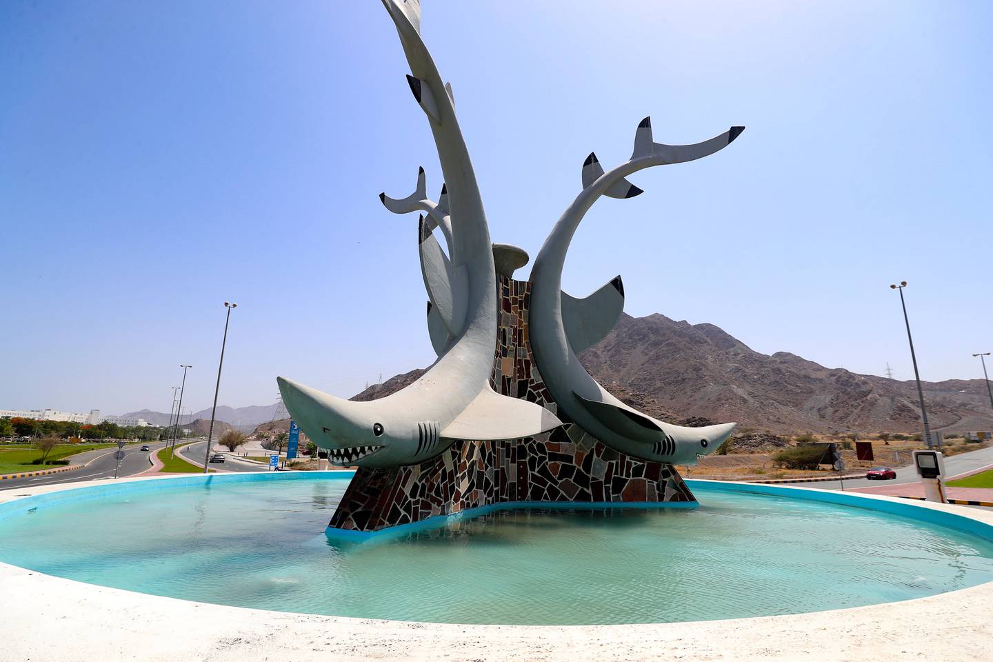 Dubai, United Arab Emirates - July 02, 2019: Roundabouts of the UAE. A roundabout in Dibba with sharks on it. Tuesday the 2nd of July 2019. Dibba. Chris Whiteoak / The National