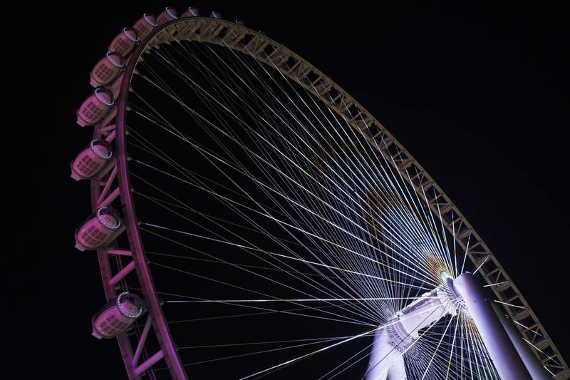 The Ferris wheel at Bluewaters in Dubai is illuminated at night. AP Photo