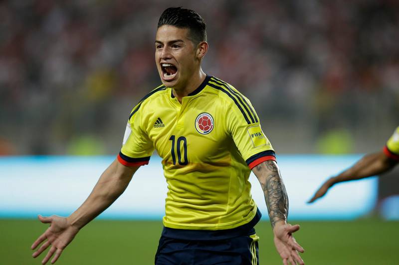 FILE - In this Tuesday, Oct. 10, 2017 filer, Colombia's James Rodriguez celebrates after scoring against Peru during a 2018 World Cup qualifying soccer match in Lima, Peru.(AP Photo/Martin Mejia, File)