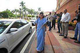 Indian MP Navneet Kaur Rana arrives to attend the special session of the parliament in New Delhi. AP