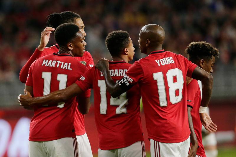 United players celebrate after Anthony Martial's goal. Getty