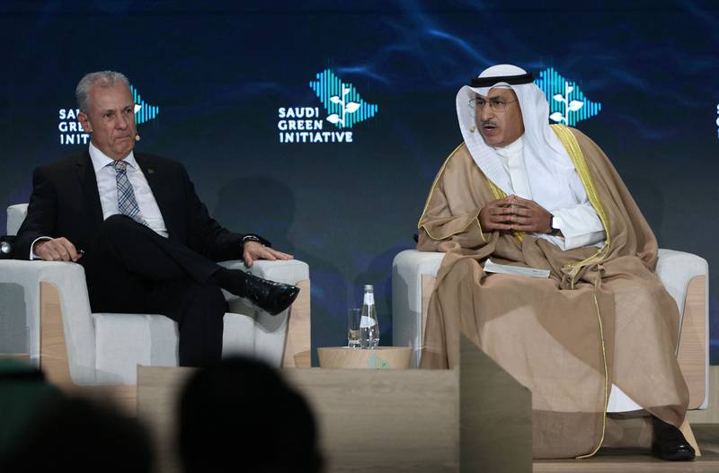 Kuwaiti oil minister Mohammed Al Fares, right, at the Saudi Green Initiative Forum in Riyadh. Kuwait, one of the least diversified economies in the Gulf region, is looking at developing a 2 Gigawatt wind and solar project.  AFP)