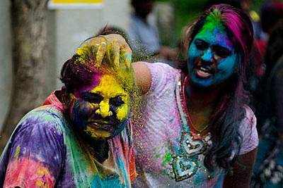 The Holi festival today is celebrated by playing with dry colours as well as coloured water.