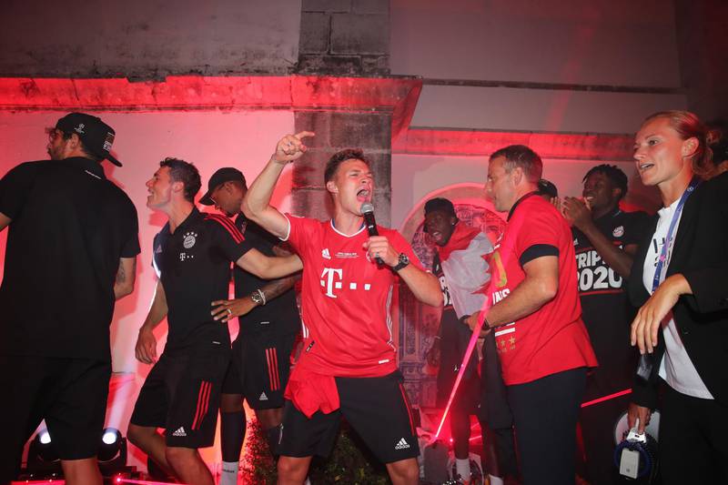 Bayern Munich's Joshua Kimmich, centre, celebrating with teammates. EPA