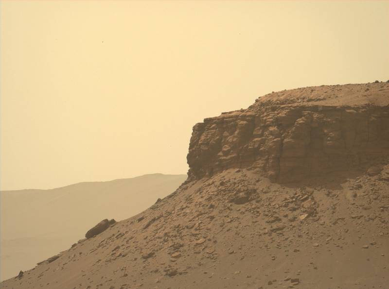 The rover captures images of the Martian landscape.