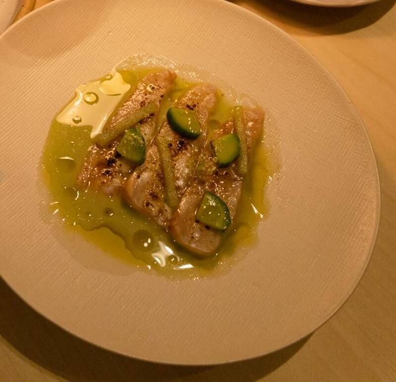 Red snapper with grilled cucumber in home-made lemon verbena oil. Photo: Larayb Abrar