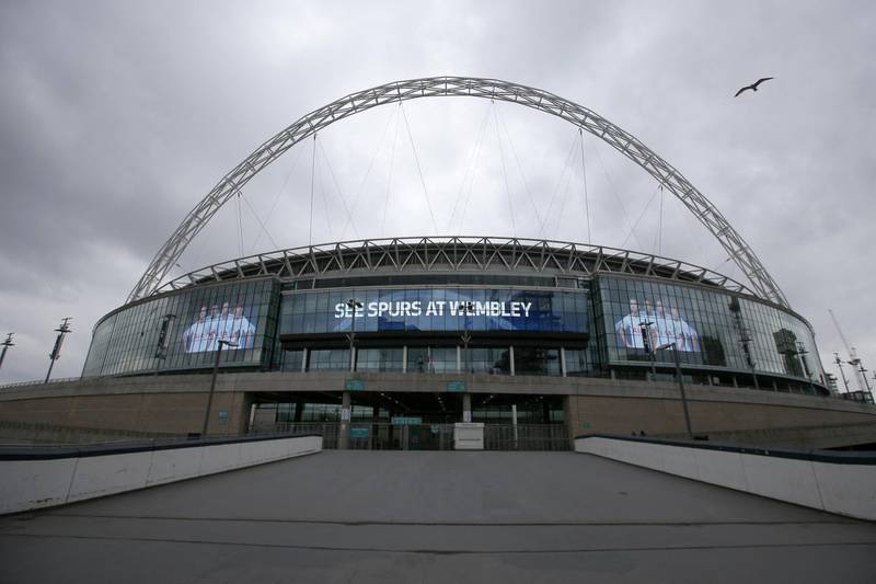 A general view of the exterior of Wembley Stadium is pictured in west London, on April 27, 2018. - The Football Association have received an offer to buy iconic Wembley stadium in a shock move that increases the chances of an NFL team taking up permanent residence in London. (Photo by Daniel LEAL-OLIVAS / AFP)