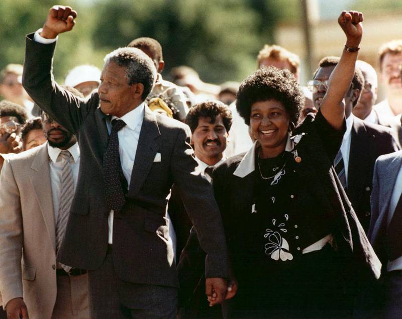 Nelson Mandela and his then wife, Winnie,  on his release from prison. Sporting boycotts played a role in his release and the dismantling of apartheid in South Africa. Greg English / AP