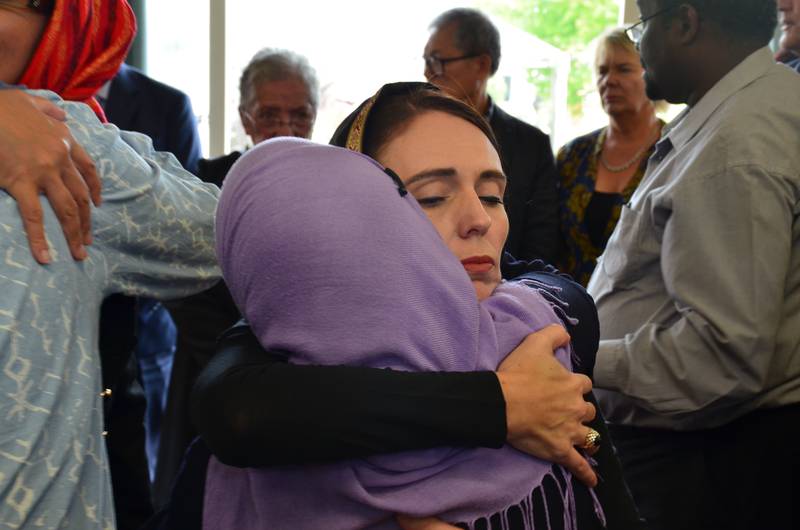 She meets members of the Muslim community after the mass shooting at the mosques. EPA