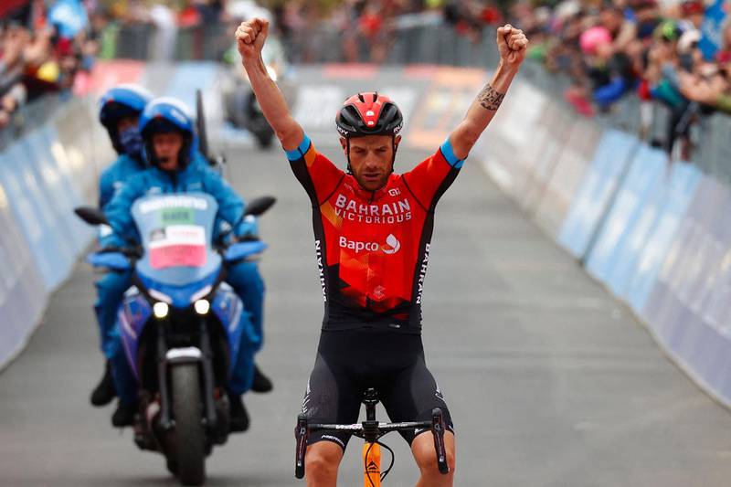 Team Bahrain rider Damiano Caruso celebrates winning Stage 20 of the Giro d'Italia on Saturday, May 29. AFP