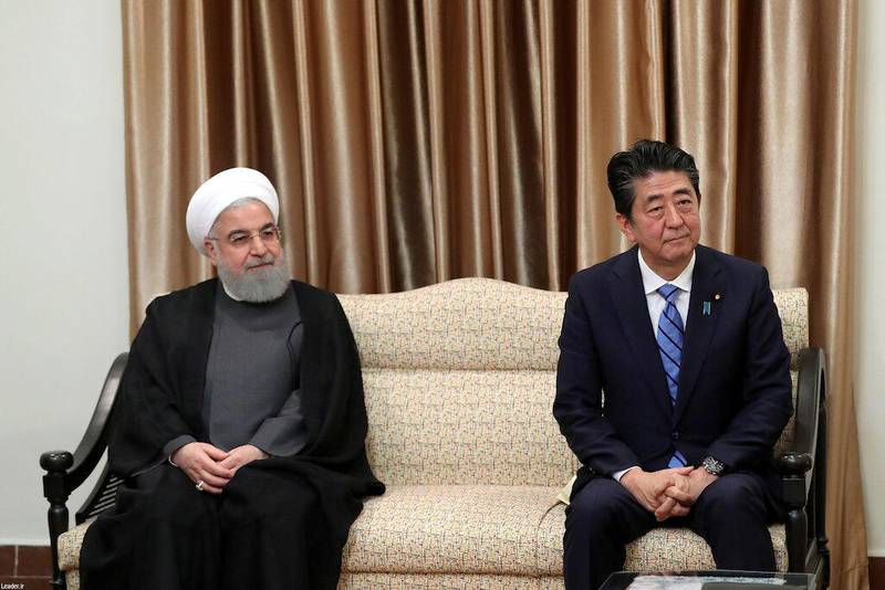 Iranian President Hassan Rouhani, Japan's Prime Minister Shinzo Abe meet with the Iran's Supreme Leader Ayatollah Ali Khamenei in Tehran, Iran June 13, 2019. Official Khamenei website/Handout via REUTERS ATTENTION EDITORS - THIS IMAGE WAS PROVIDED BY A THIRD PARTY. NO RESALES. NO ARCHIVES