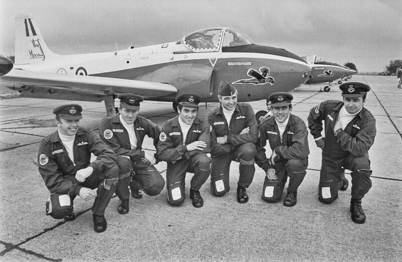 Members of the RAF's Macaws, the College of Air Warfare's Jet Provost T-4 aerobatic display team, at Farnborough Airshow in 1972.