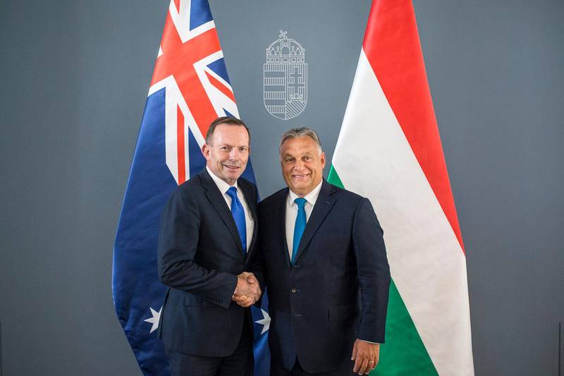epa07819844 A handout photo made available by the Hungarian Prime Minister's Press Office showing Hungarian Prime Minister Viktor Orban (R) receiving former Prime Minister of Australia Tony Abbott in his office in Budapest, Hungary, 05 September 2019. Media reports state that Tony Abbott addressed the third Budapest Demographic Summit where he delivered a warning about the 'shrinking West' and urged Britain to leave the EU even without a deal.  EPA/Hungarian Prime Minister's Press Office / HANDOUT HUNGARY OUT HANDOUT EDITORIAL USE ONLY/NO SALES