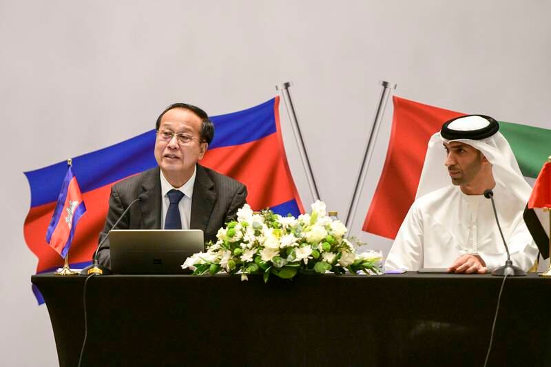 Dr Thani Al Zeyoudi, Minister of State for Foreign Trade, with Cambodian Commerce Minister Pan Sorasak in Abu Dhabi on Monday. Khushnum Bhandari / The National