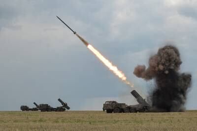 Ukrainian troops fire with a BM27 Uragan multiple-launch rocket system, in the Kharkiv region. Reuters