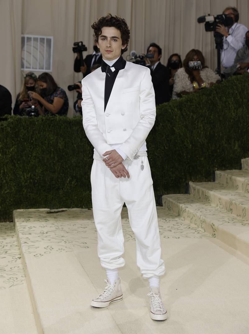 Timothee Chalamet co-hosts the 2021 Met Gala in September at the Metropolitan Museum of Art in New York, wearing a Haider Ackermann jacket and Rick Owens sweatpants with Converse sneakers. EPA