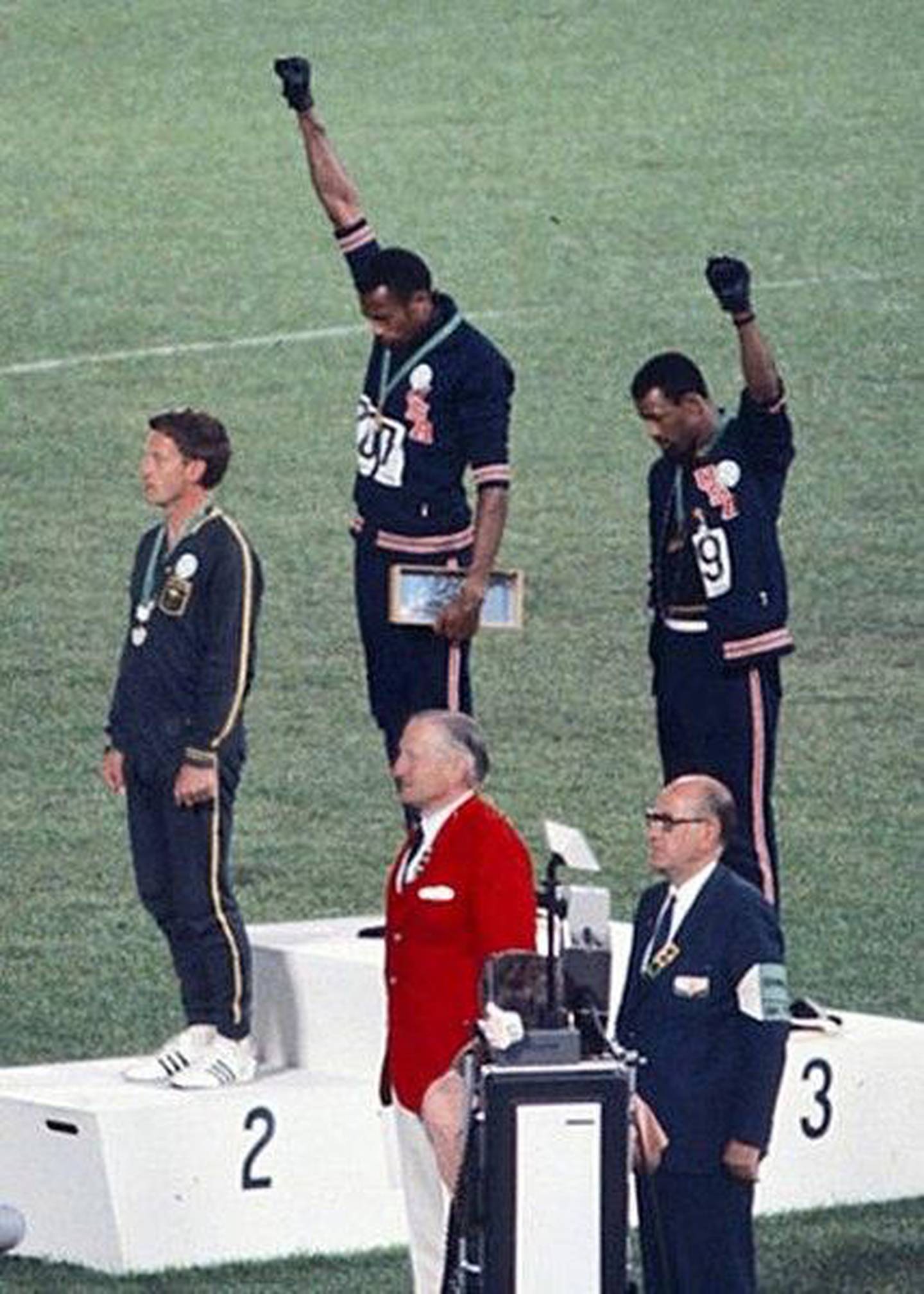 At the 1968 Mexico Olympics America athletes Tommie Smith and John Carlos gave a Black Panther salute. A single Puma Suede shoe can be seen on the podium. Courtesy Peter Norman