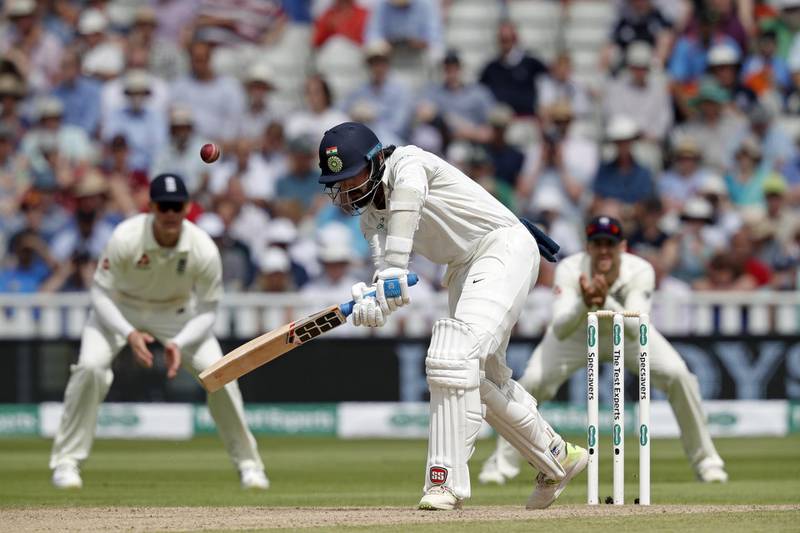 The ball bounces off the pad of India's Murali Vijay to take his wicket lbw on the second day of the first Test cricket match between England and India at Edgbaston in Birmingham, central England on August 2, 2018. / AFP PHOTO / ADRIAN DENNIS / RESTRICTED TO EDITORIAL USE. NO ASSOCIATION WITH DIRECT COMPETITOR OF SPONSOR, PARTNER, OR SUPPLIER OF THE ECB