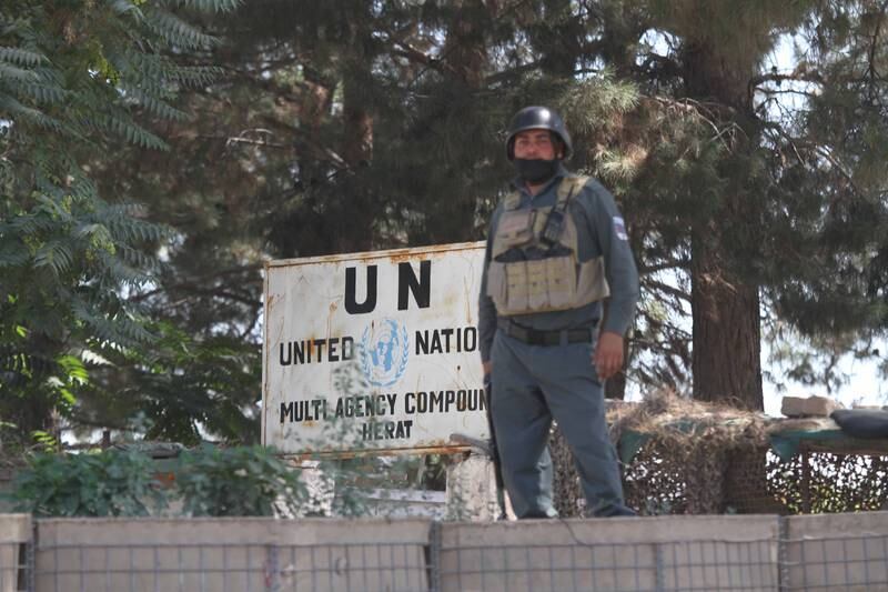 An Afghani soldier stands guard outside the UN office in Herat, Afghanistan, 08 July 2020. EPA 