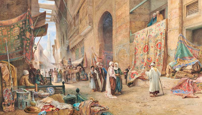 British painter Charles Robertson's 'A Carpet Seller, Cairo' depicts one of his favourite scenes. It is estimated to fetch £150,000 (Dh672,225) to £200,000. Najd Collection