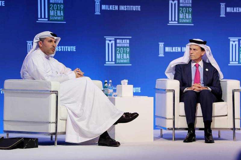 ABU DHABI , UNITED ARAB EMIRATES , February 12 – 2019 :- Left to Right - Khaldoon Khalifa Al Mubarak, Board of Directors, Group CEO and Managing Director, Mubadala Investment Company and Michael Milken, Chairman, Milken Institute during the Milken Institute MENA Summit 2019 held at The St. Regis Saadiyat Island Resort in Abu Dhabi.  ( Pawan Singh / The National ) For News/Business/Instagram. Story by Dania 