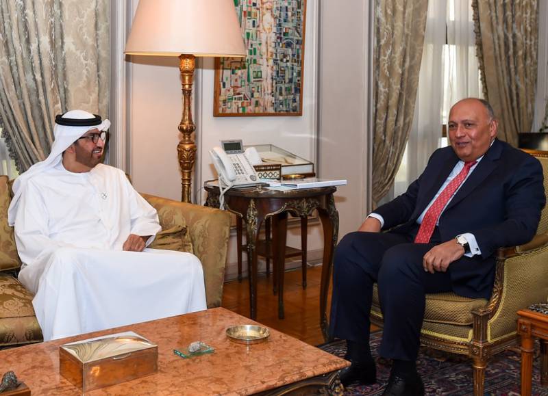 Dr Sultan Al Jaber, Minister of Industry and Advanced Technology and Special Envoy for Climate Change, held talks with Sameh Shoukry, Foreign Minister of Egypt. Photo: Office of the UAE Special Envoy for Climate Change
