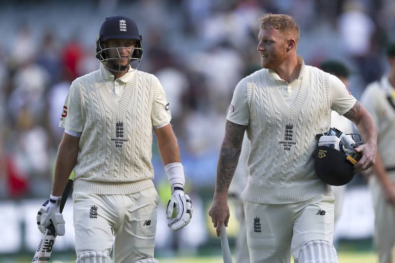 England's not out batsmen Joe Root, left, and Ben Stokes leave the field at stumps on the second day. AP