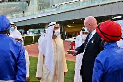 Sheikh Mohammed bin Rashid​​​​​​​ attends Super Saturday races at Dubai’s Meydan racecourse in Nad Al Sheba, with a total prize fund of $1.7 million. Courtesy Dubai Media Office Twitter / @DXBMediaOffice