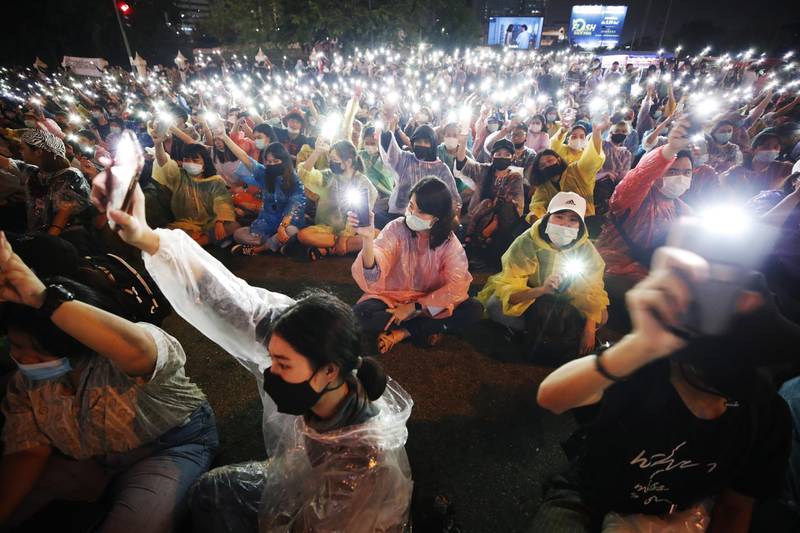 Pro-democracy protesters hold up lights from their mobile phones during an anti-government protest in Bangkok, Thailand.  EPA