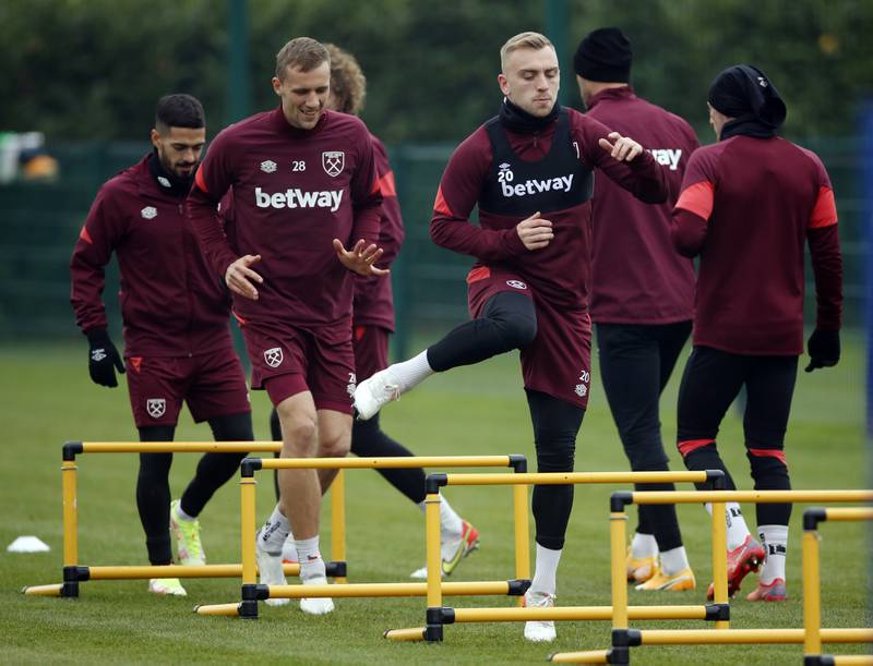 West Ham's Tomas Soucek and Jarrod Bowen at the Rush Green Training Centre in Romford, England, on Wednesday, November 24. Reuters