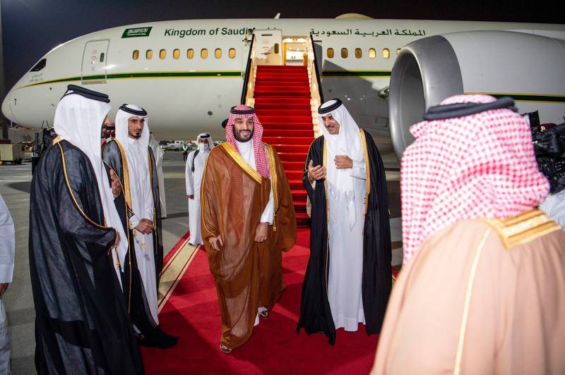 Crown Prince Mohammed bin Salman of Saudi Arabia is greeted by Sheikh Tamim Al Thani upon his arrival in Qatar. SPA