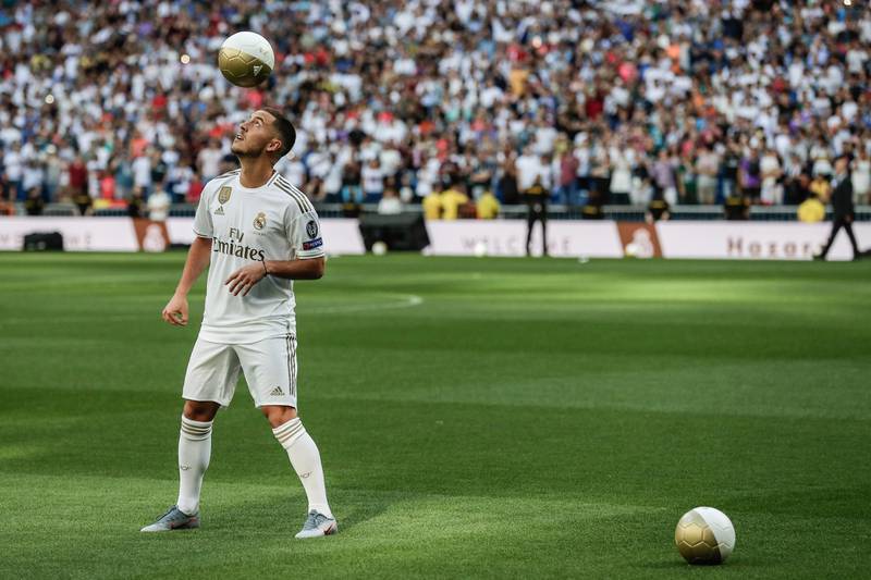 Eden Hazard controls a ball during his unveiling at Real Madrid. AP Photo