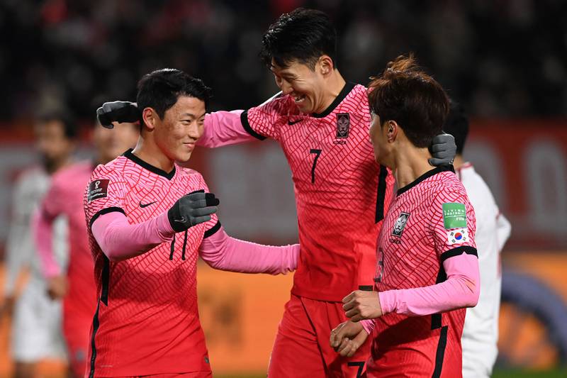 South Korea's Hwang Hee-chan, left, celebrates his goal with teammate Son Heung-min in Goyang. AFP
